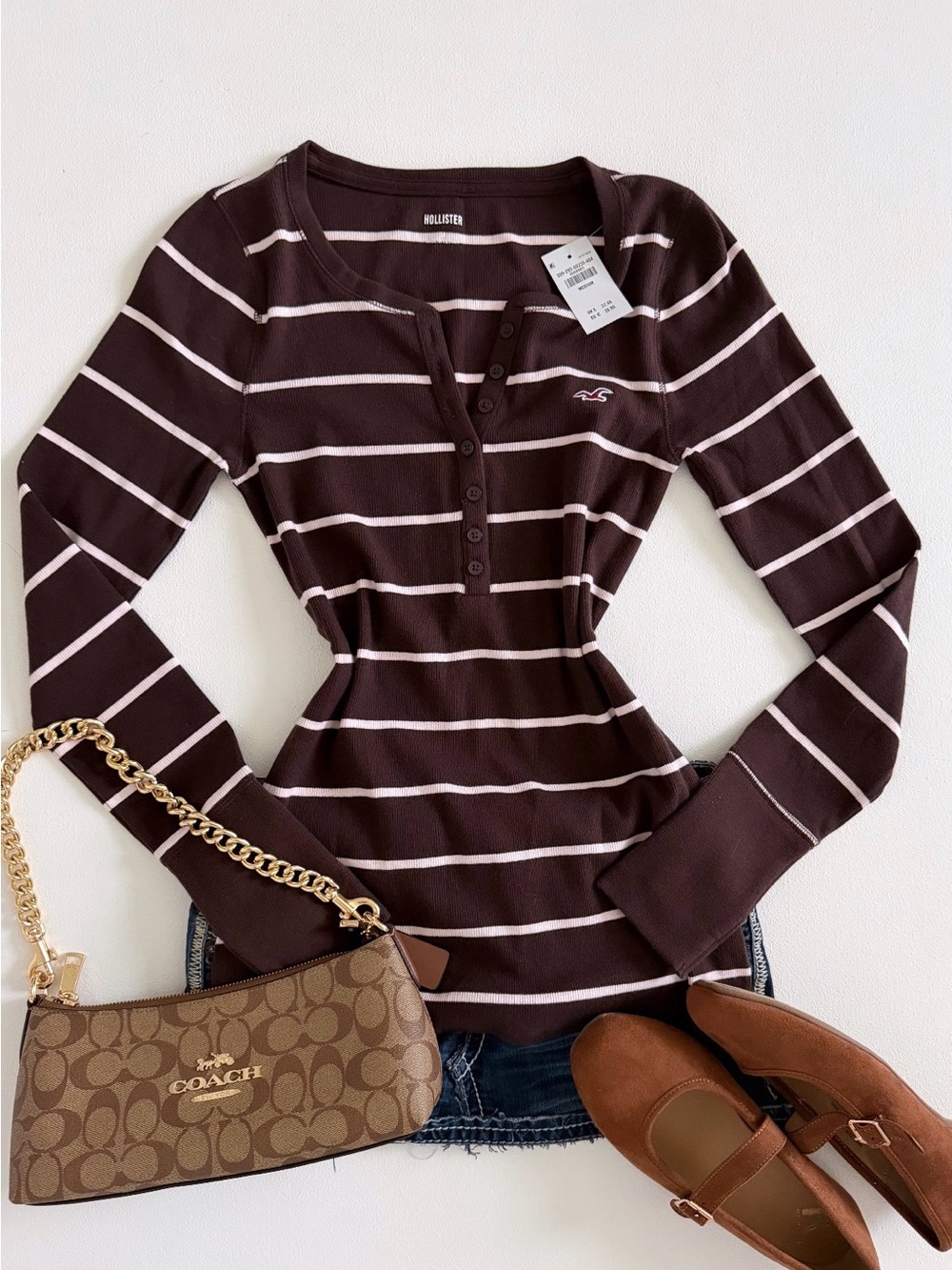 Hollister Brown & White Striped Ribbed Henley Long Sleeve